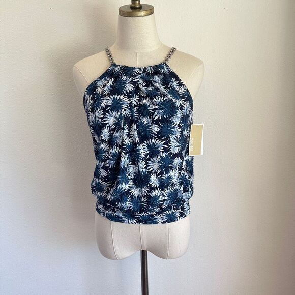 Michael Kors Palm Mix High-Neck Blouson Tankini Top Navy Small - Picture 3 of 16